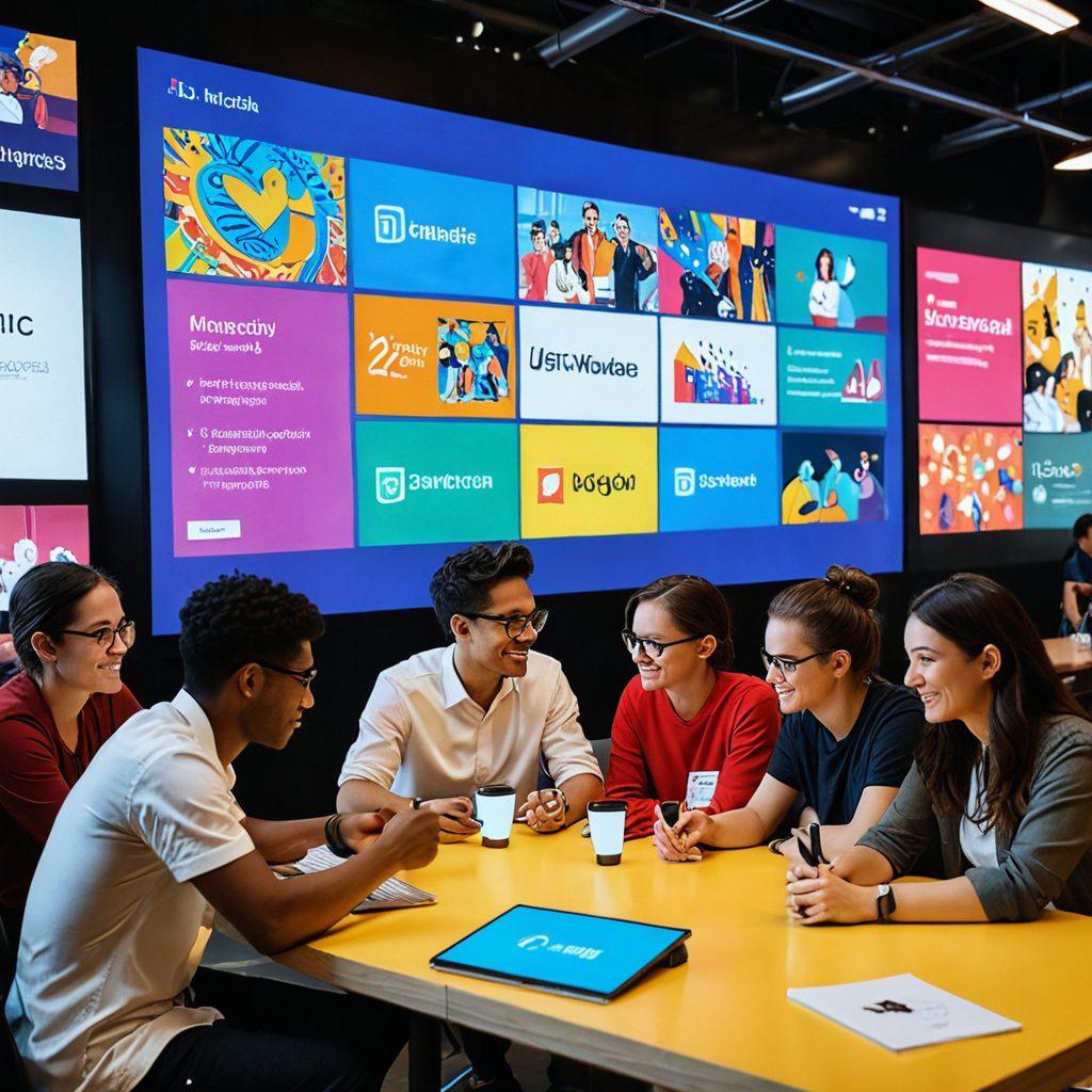 A vibrant community gathered around interactive digital screens, sharing creative content like videos and games. Diverse individuals are engaged in lively discussions, surrounded by colorful illustrations representing different forms of content. The background features a mix of modern technology and artistic elements that evoke a sense of collaboration. playful characters and eye-catching graphics enhance the energetic atmosphere. super-realistic. vibrant colors. 3D.