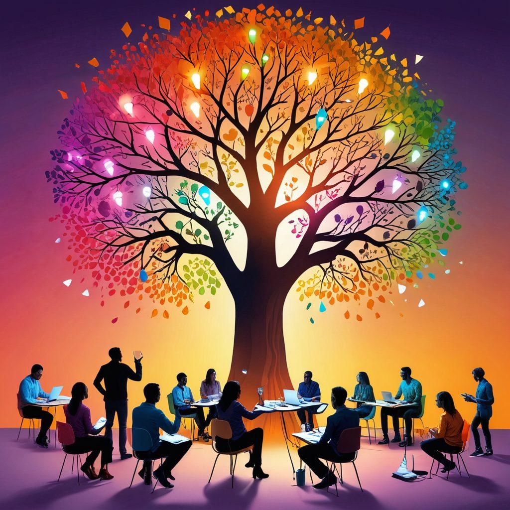 A vibrant, abstract illustration depicting a diverse group of people brainstorming around a large tree made of colorful light bulbs, symbolizing creativity and collaboration in the Wow Community. Incorporate elements of brainstorming like sticky notes and art supplies scattered around. The background should be a soft gradient of warm colors that evoke inspiration. super-realistic. vibrant colors.