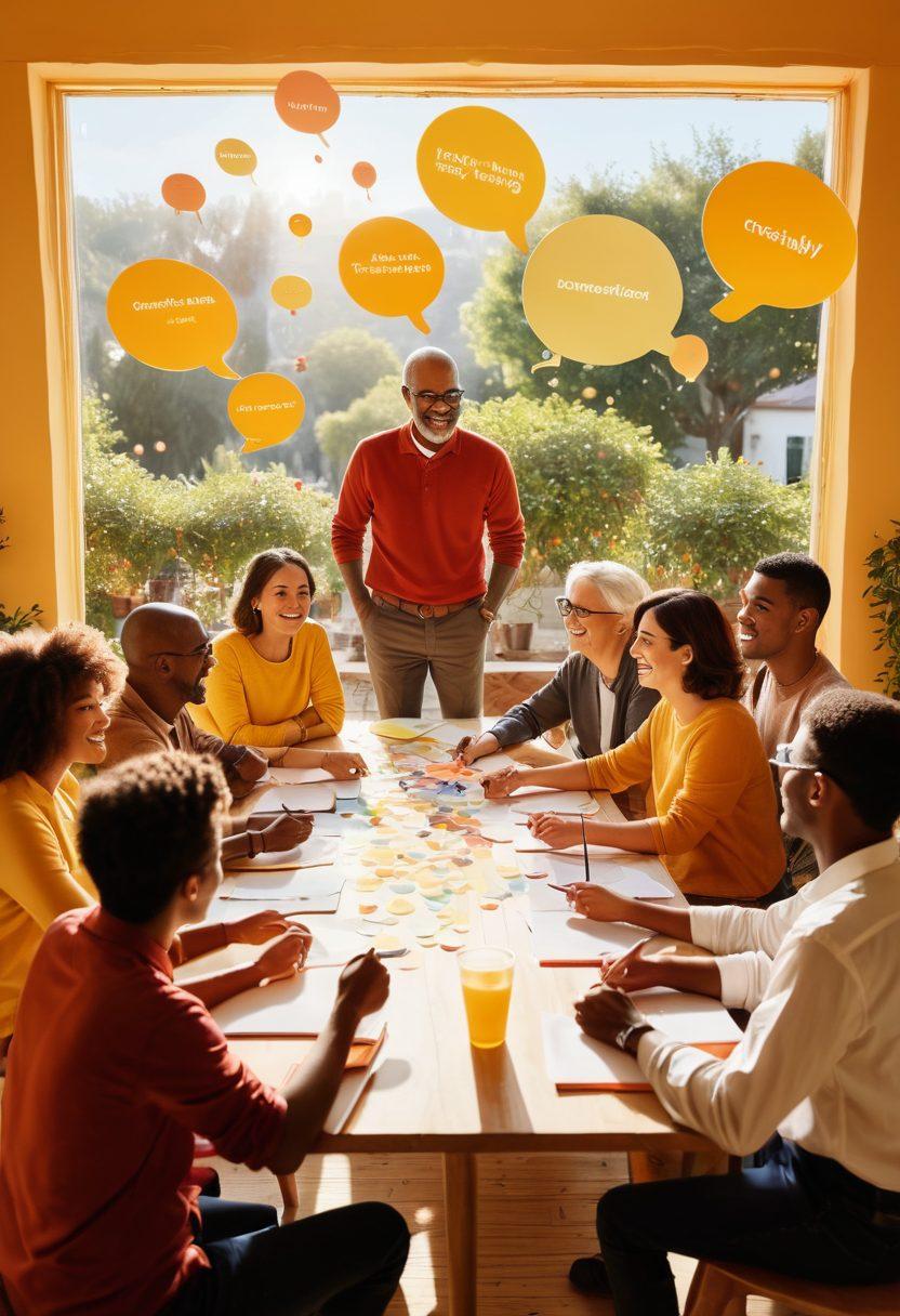 A diverse group of people gathered around a large, light-filled table, passionately discussing and sharing ideas through expressive writing. Floating speech bubbles and colorful text fragments symbolize creativity and collaboration in the air above them. A vibrant and inviting digital interface of the Wowtgp Blog Platform illuminates the background, signifying the power of technology in fostering communication. Include a warm color palette to evoke inspiration and connection. super-realistic. vibrant colors. soft focus.